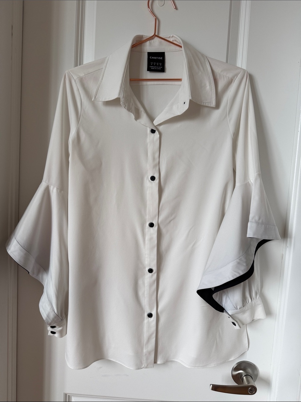 Cartise White Ruffle Sleeve Button-Down Blouse